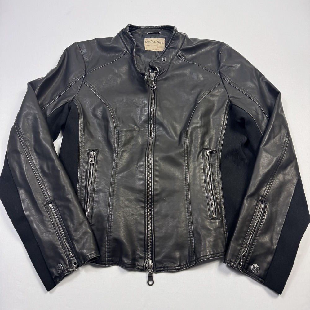 We The Free Jacket Womens XL Black Biker Slim Fit‎ Faux Leather Full Zip Lined